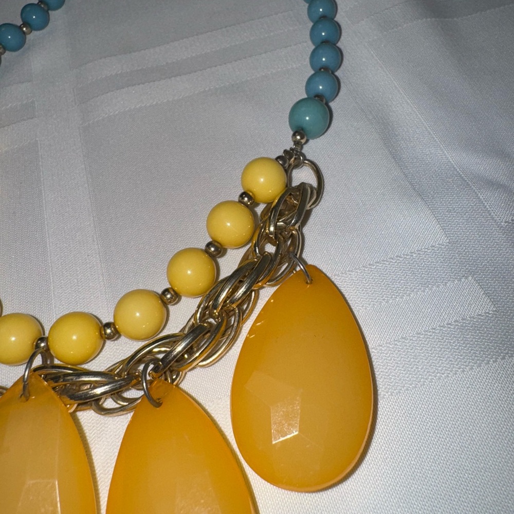 Yellow and Blue Statement Necklace with Teardrop Pendants - Picture 2 of 6